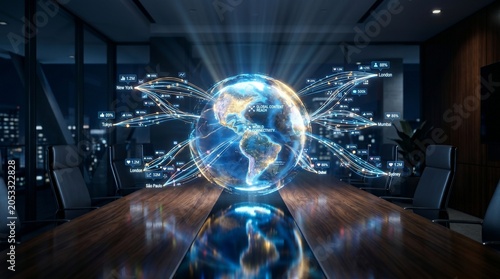 Futuristic Digital Global Connection Hologram in Modern Corporate Boardroom