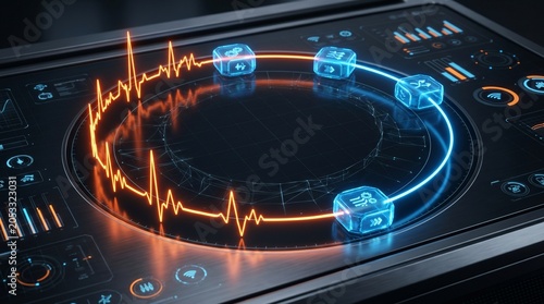 Futuristic Data Dashboard Interface with Glowing Circuit Lines and Digital Icons