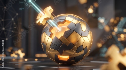 Futuristic Geometric Sphere with Glowing Energy Core and Laser Beam Effect