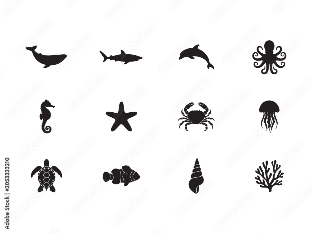Fototapeta premium Marine animal silhouette collection featuring a whale, shark, dolphin, octopus, seahorse, starfish, crab, jellyfish, sea turtle, clownfish, seashell, and coral on a white background