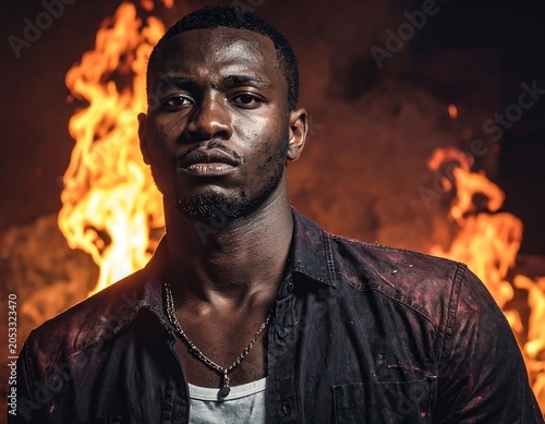 Portrait of a man with dark skin, looking directly at the camera. Flames serve as the background, adding an element of danger