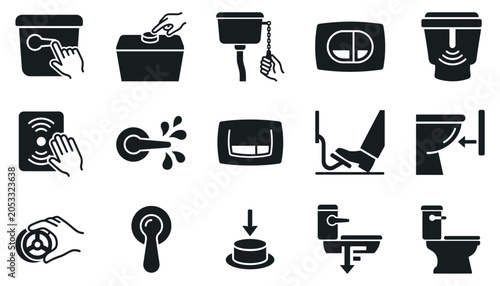 Toilet flush button and lever icon set vector illustration for bathroom sanitation and plumbing.