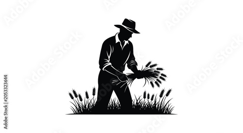 Εκτύπωση καμβά Farmer Silhouette With Wheat Sheaves And Grain Field Black And White