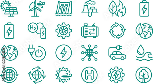 Bild auf Leinwand A collection of green energy vector icons illustrating sustainable power sources