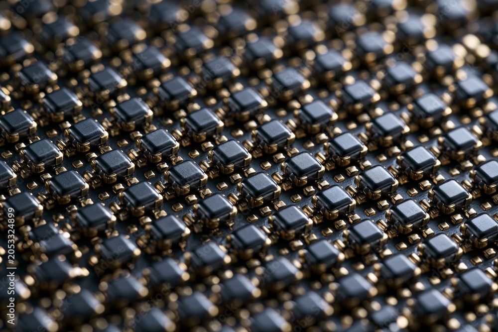Fototapeta premium Close-up of uniform black microchips on circuit board with gold contacts