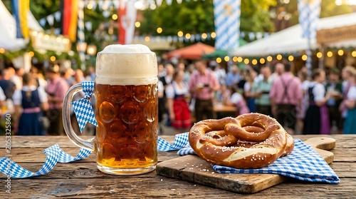Oktoberfest Celebration with Beer and Pretzel in Focus.