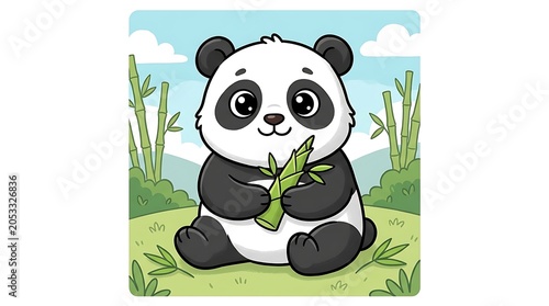Cute cartoon panda eating bamboo in a forest setting