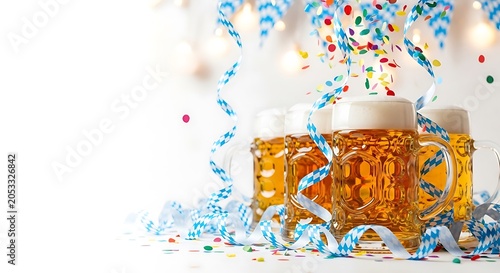Three full beer mugs with festive blue and white streamers and colorful confetti on a white background, celebrating Oktoberfest.