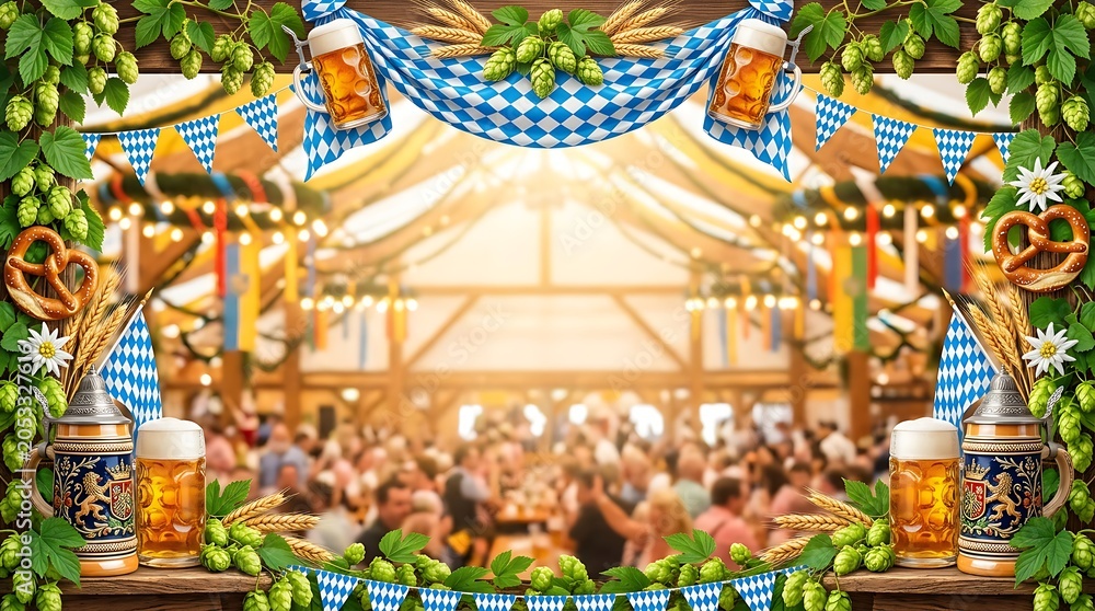 Obraz premium Vibrant Oktoberfest Beer Tent Celebration with Traditional Decorations and Cheerful Crowd.