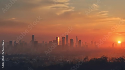 Modern city skyline at sunset with high-rise buildings, soft orange clouds, urban haze, and distant silhouettes under a dramatic evening sky.