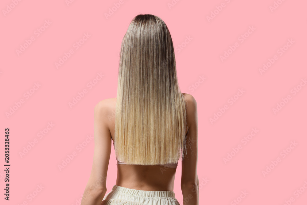 Naklejka premium Long straight blonde hair with dark roots, healthy hair care and beauty treatment, hair extensions and styling