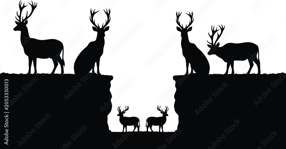 Naklejka premium Deer Silhouettes on Cliffs Isolated on White