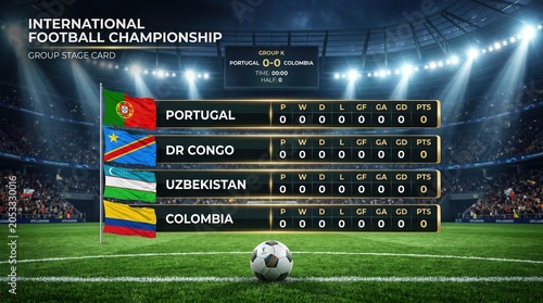 International football championship scoreboard with soccer ball on field