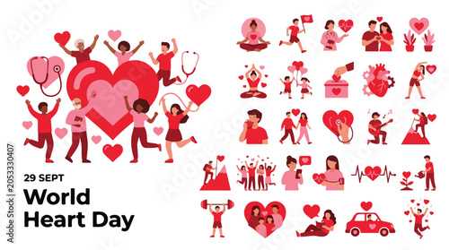 World Heart Day flat vector icon set, 25 elements for cardiovascular health awareness, red heart symbols and diverse people characters for medical posters
