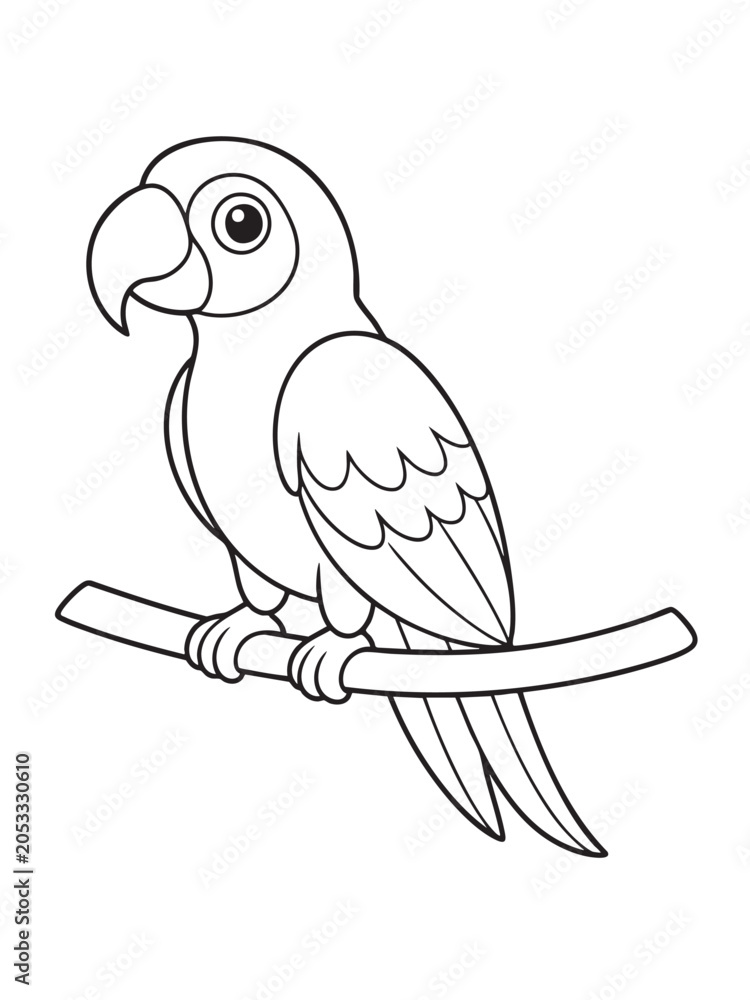 Fototapeta premium Cute parrot character sitting on branch coloring page with coloring