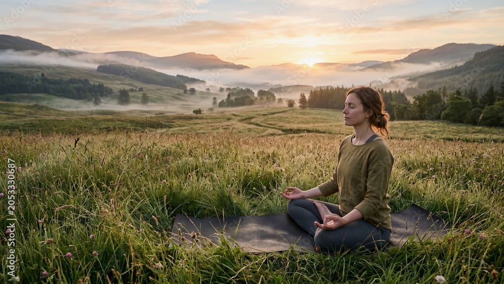 Fototapeta premium Woman Meditating Outdoors in Serene Misty Mountain Landscape at Sunrise