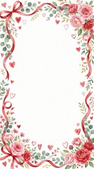 Watercolor floral frame with red ribbon bows, roses, peonies, eucalyptus leaves and heart shapes on white background for valentine, wedding, card, invitation.
