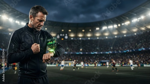 Soccer coach checking holographic stamina analytics on a stadium pitch