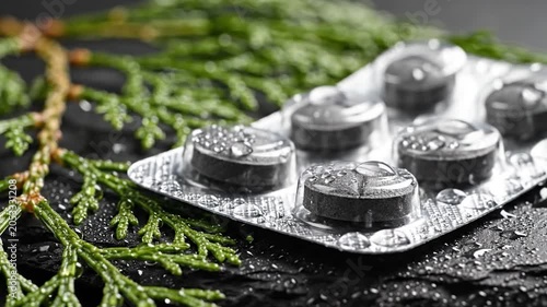 Black herbal supplement tablets in blister pack with fresh green thuja branch and water droplets on dark background