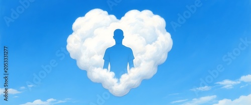 Man silhouette within heart shaped cloud against blue sky.
