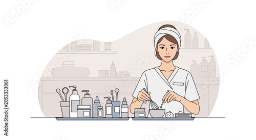 Therapist preparing skincare products in salon, beauty treatments, spa.