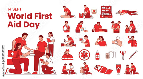 World First Aid Day medical vector set, emergency rescue and life saving procedures, red flat icons for healthcare training and safety awareness