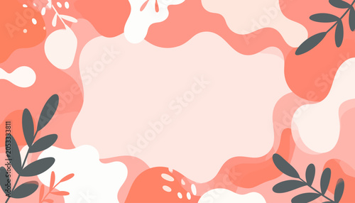 Abstract Organic Shapes and Botanical Elements Vector Frame in a Vibrant Coral Color Palette.