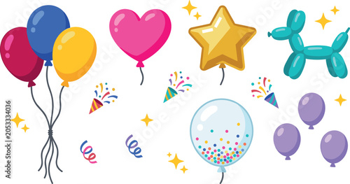 Birthday Party Balloons and Confetti Vector Icon Set with Heart, Star, Foil Balloon Animal Dog, Streamers, and Colorful Helium Balloon Bunches