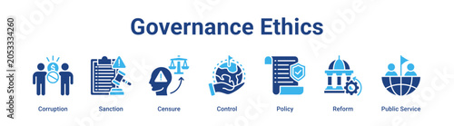 Governance Ethics web banner icon vector illustration concept for government with icon of Corruption, Sanction, Censure, Control, Policy, Reform.