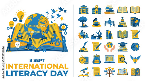 International Literacy Day vector collection, 25 education icons and global learning banner, blue and yellow school book illustrations