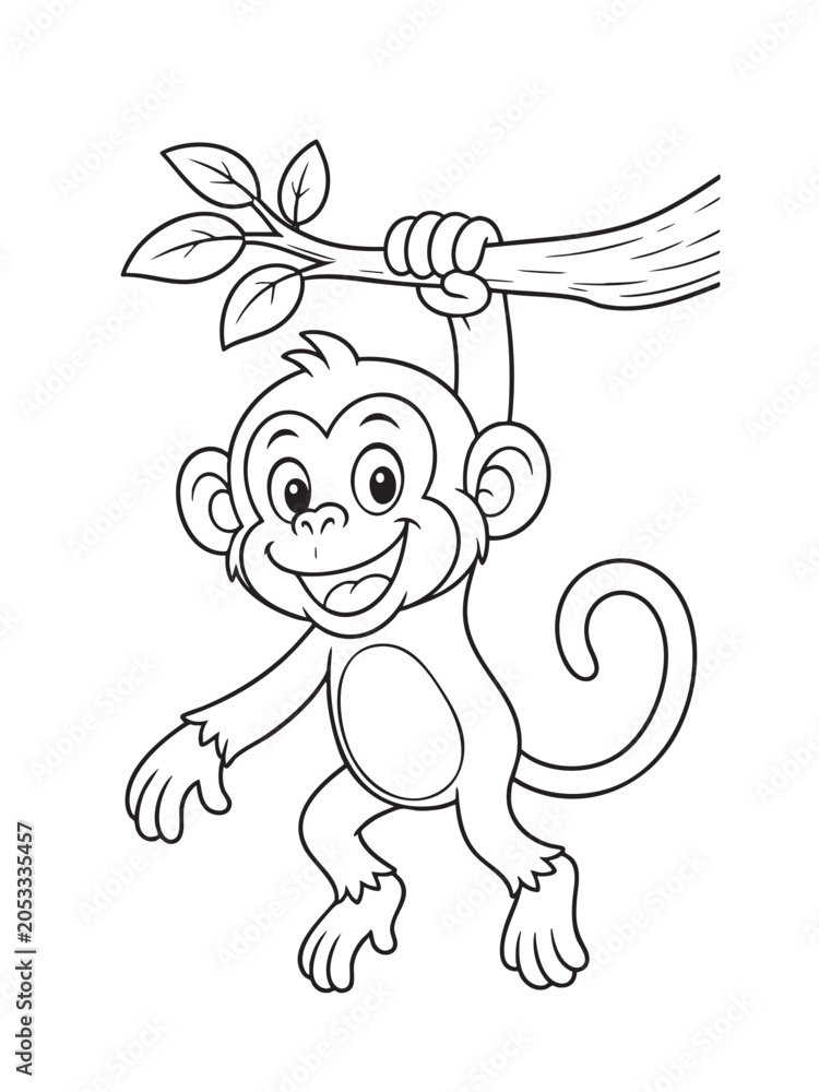 Fototapeta premium Cute monkey hanging on a tree branch coloring page for kids
