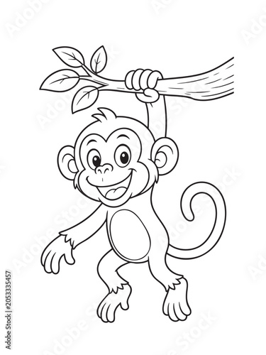 Canvas Print Cute monkey hanging on a tree branch coloring page for kids