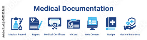 Medical Documentation web banner icon vector illustration concept for medical with icon of Medical Record, Report, Medical Certificate, Id Card, Web Content, Recipe.