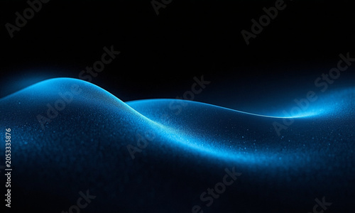 Abstract blue glowing waves in darkness with subtle particle texture for science concepts