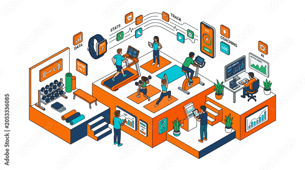 Fototapeta premium Busy isometric gym interior with people exercising illustration.