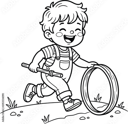 фотографія A joyful young boy running through the grass while happily rolling a circular wooden hoop with a stick in his hand