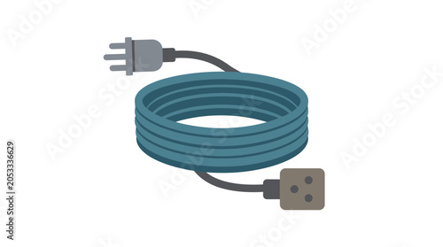 Coiled blue extension cord with plug and socket illustration.