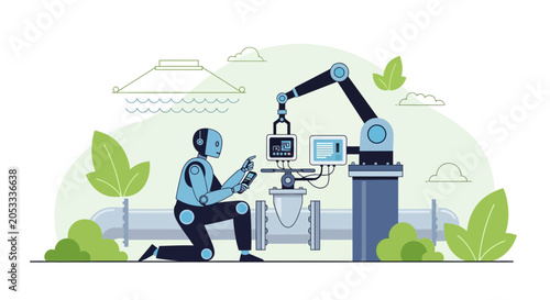 Robot technician inspects industrial pipeline valve with smart device, automation concept