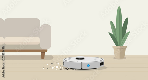 Robot vacuum cleaner cleaning floor in modern living room with sofa and plant