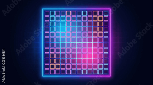 Abstract Neon Square Grid Background with Vibrant Digital Light Pattern