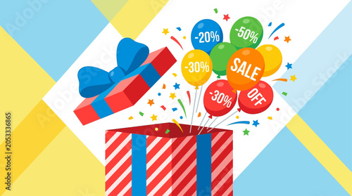 Gift Box with Colorful Discount Tags and Promotional Sale Concept
