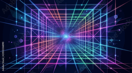 Futuristic Neon Grid Tunnel Background with Glowing Cyber Technology Perspective