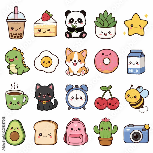 Collection of cute kawaii icons featuring food animals and objects