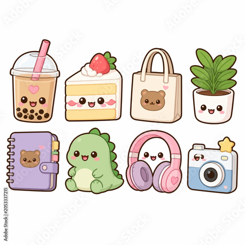 Collection of cute kawaii lifestyle stickers with various characters.