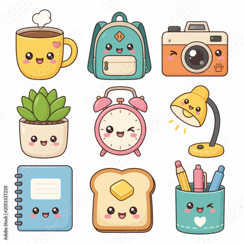 Collection of cute kawaii school and lifestyle icons.