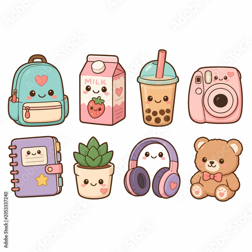 Obraz na plátně Collection of cute kawaii school and lifestyle icons set.
