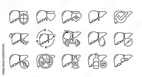 Schilderij op canvas Set of Liver Health Icons: Protection, Heart, ECG, Care, Checkmark, Cells, Cycle