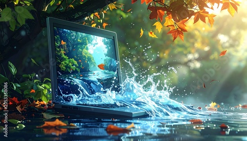 Laptop displaying a waterfall scene with water splashing out of the screen.