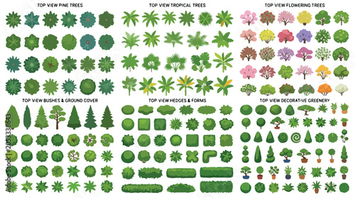 Top view landscape trees and plants vector collection, architectural site plan greenery symbols, garden design bushes and flowering shrubs set