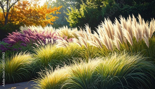 Lush Ornamental Grasses in a Serene Garden Setting with Autumnal Hues.